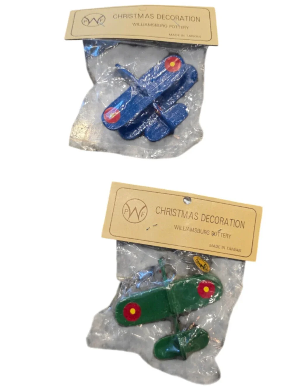 Set of 2 Vintage Williamsburg Pottery Christmas Ornaments Airplanes Blue Green